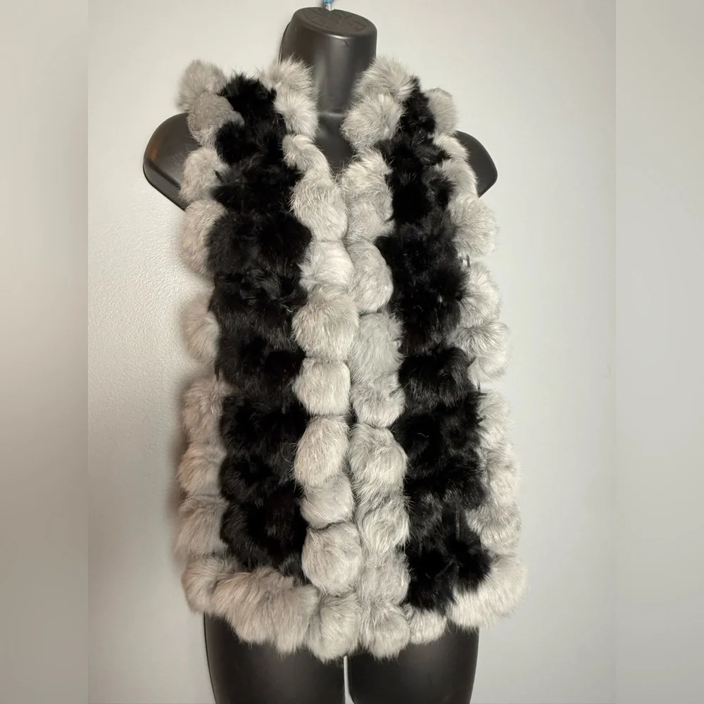 Vintage Rabbit Fur Pom Pom Scarf Black & Grey 5x54 EUC Velvety Soft